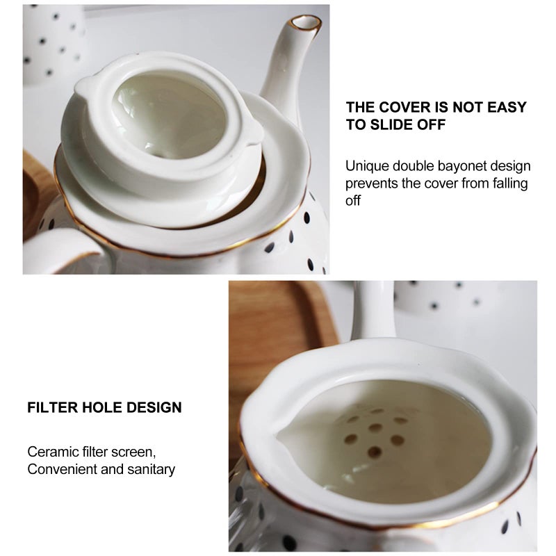 Jessie European Style Teapot Handmade Ceramic Teapot Pumpkin Fluted Shape Vintage Tea Party Set Gift (Polka dot) - Image 3